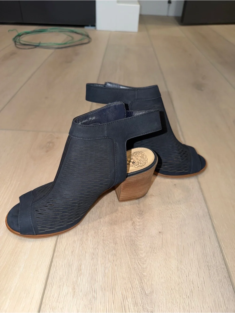 Vince Camuto Navy Open-Toe Laser-Cut Heeled Mules
